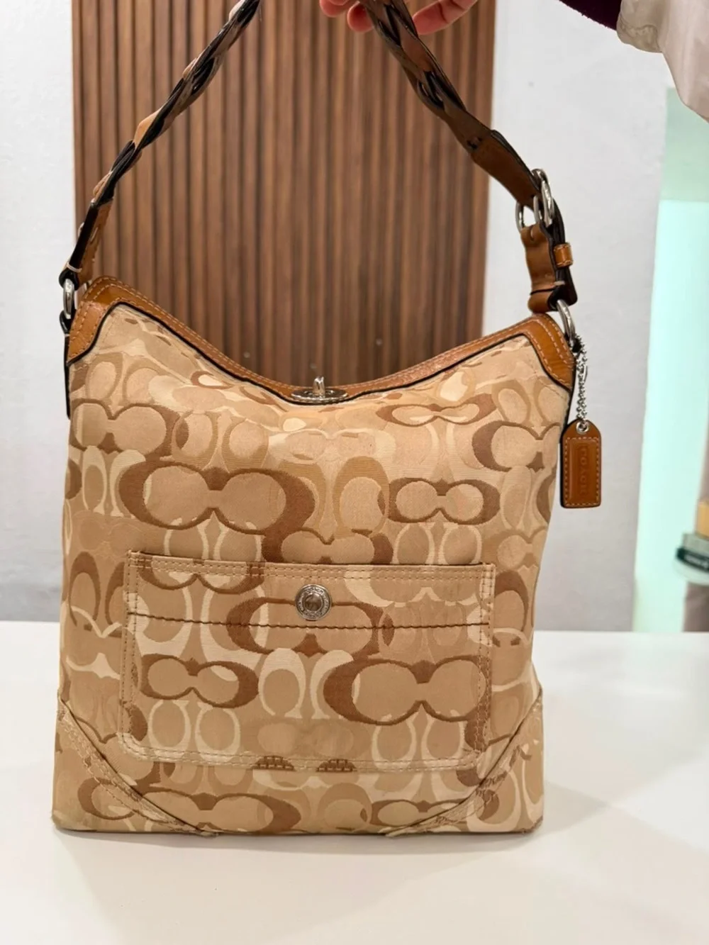 Vintage Coach Chelsea Optic Signature Tan Brown Canvas Leather Hobo Bag #10991